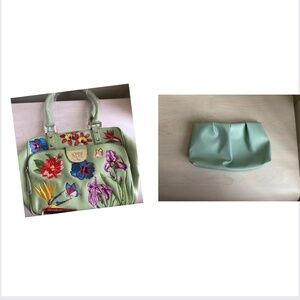 Sale! New Sharif Celadon Leather Embroidered Floral Bag & Light Blue Clutch
